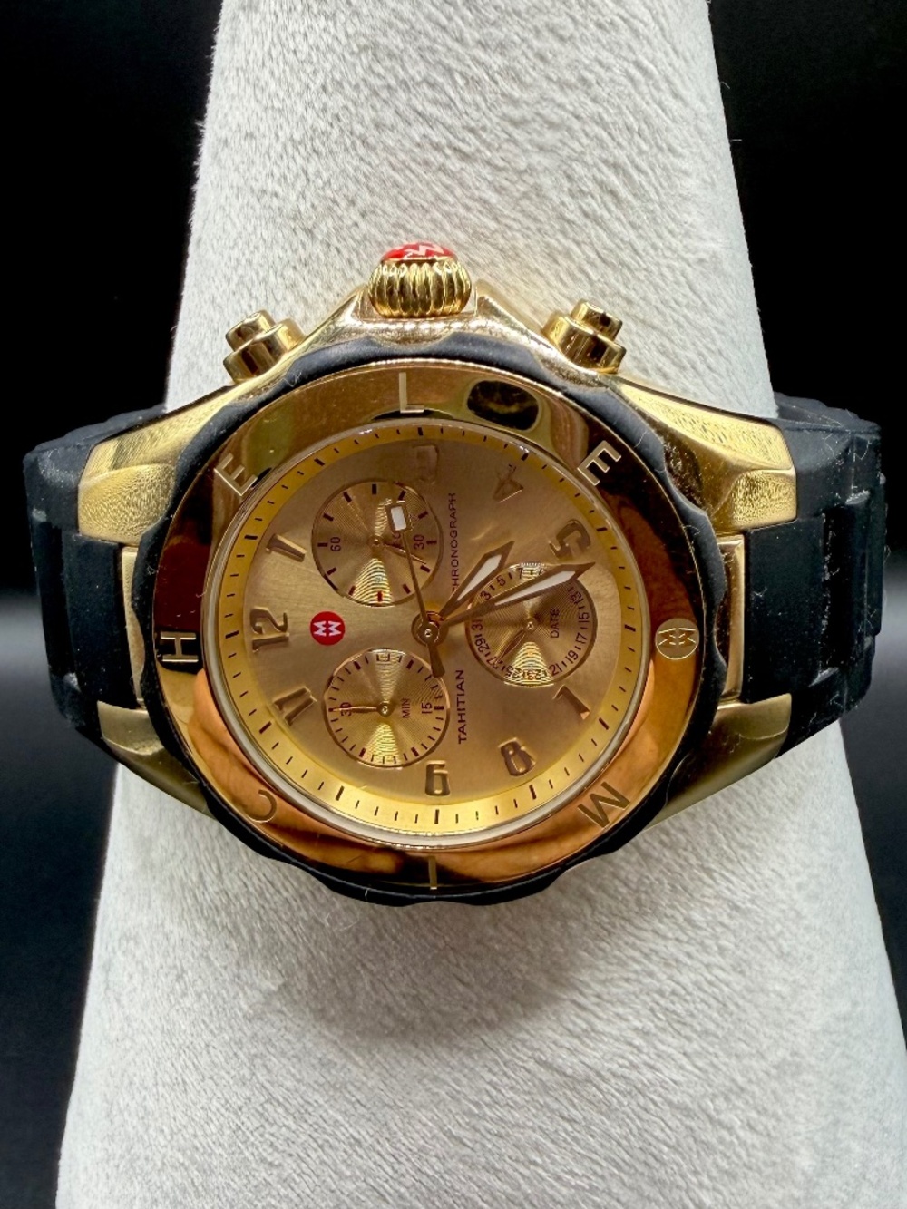 Michele Tahitian Jelly Bean Large Gold Black Chronograph Watch 40mm MWW12F000034
